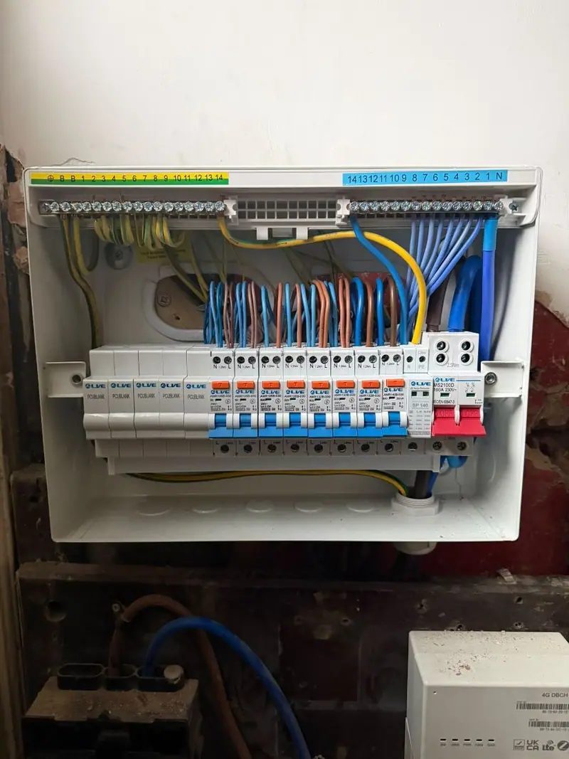 Consumer unit after EICR remedial work in a rented terrace